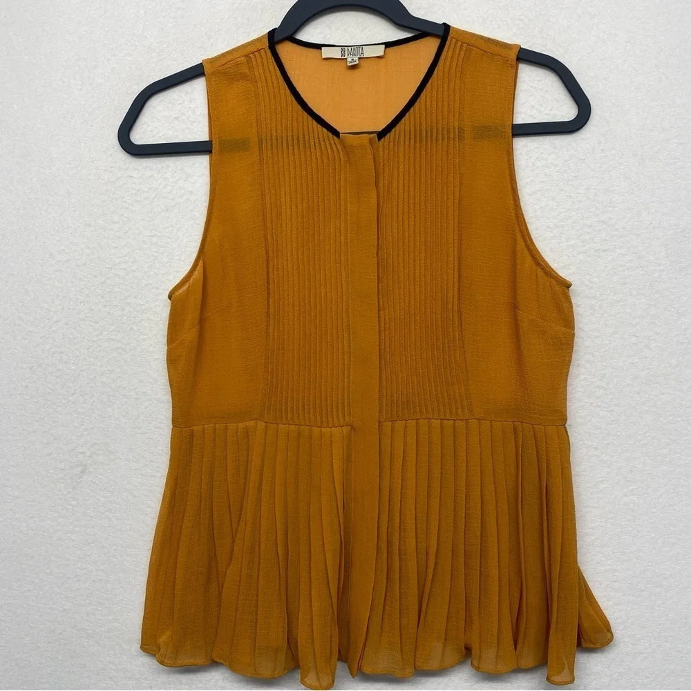 BB Dakota Sheer Tank‎ Blouse Pintuck Pleat Mustard Yellow S